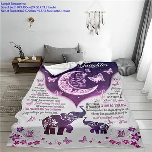 Soft Throw Blanket, 1 Count Letter & Elephant & Moon Pattern Plush Blanket, Air-conditioned Room Blanket, Warm Nap Blanket for Home & Office, Gift for Daughter