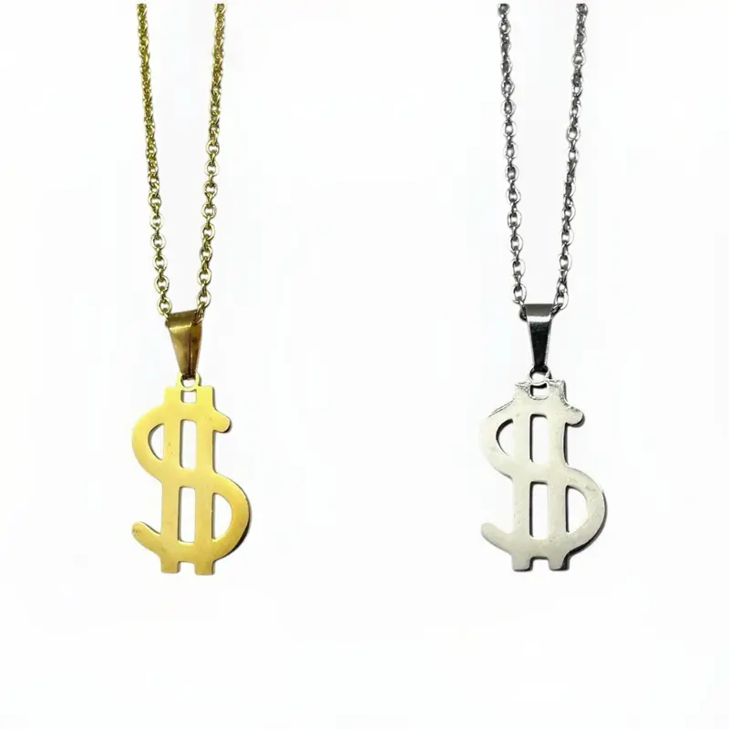 Dollar Sign Pendant Necklace – Stainless Steel Bling Chain, Hip Hop Style, Unisex Jewelry Gift (Silver/Gold)