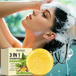 Rozino3 Ginger Shampoo Bar Soap 60g with Olive Oil & Rosemary, Gentle Cleansing Moisturizing Nourishing Hair Care, Suitable for Dry Damaged Curly Hair