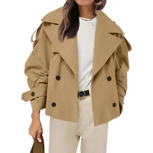 Womens Cropped Trench Coat Casual Double Breasted Short Jacket Fall Fashion Outerwear with Belt N5E188