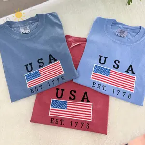 Embroidered  USA  Flag Comfort Colors Shirt, 4th of July Embroidered Shirt, USA Tee, America Land of The Free Shirt