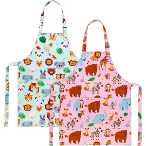 2 Pack Kids Apron, Cute Cooking Aprons Adjustable, Funny Kids Kitchen Apron With Two Pockets, Waterproof Chef Apron Toddler Painting Baking Artist Apron for Boys and Girls (Animal Theme)