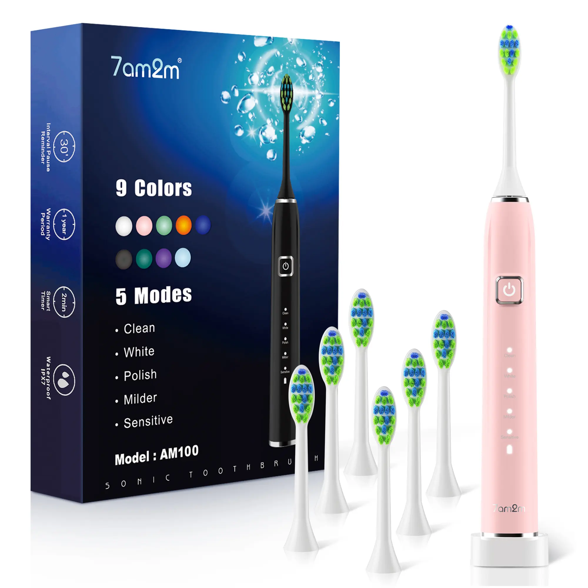 7AM2M Sonic Electric Toothbrush with 6 Brush Heads for Adults&Kids, One Charge for 120 Days, Wireless Fast Charge, 5 Modes, 40000VPM Powered Toothbrush, 2 Minutes Built in Smart Timer tes Built in Smart Timer