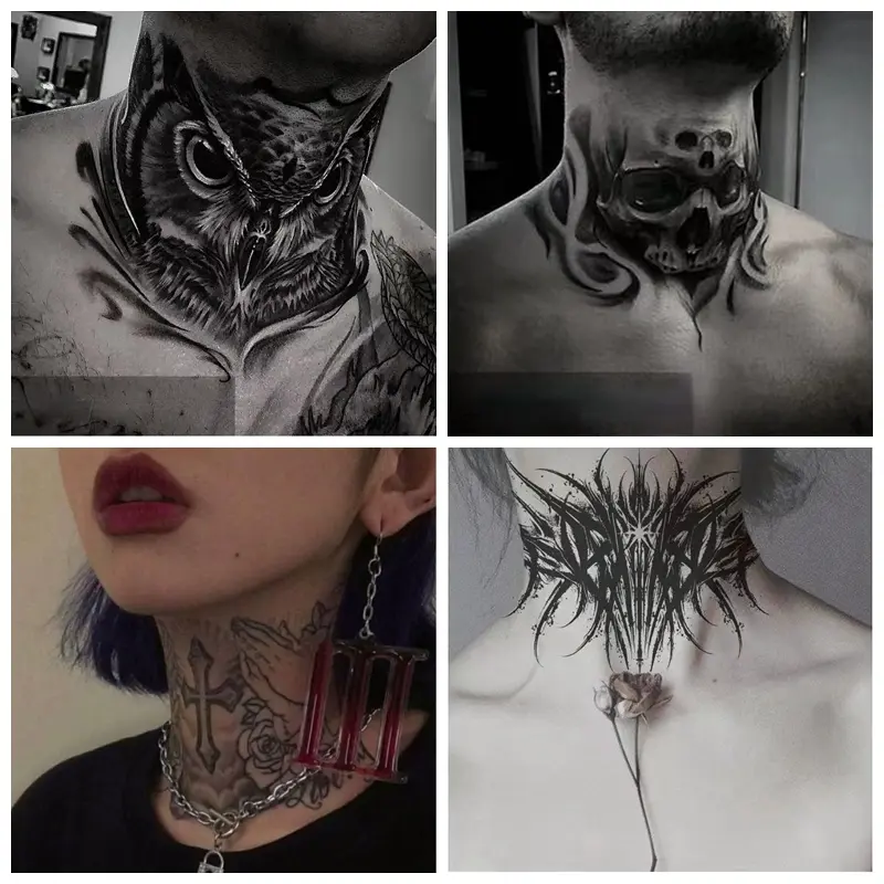 4pc/Set Dark Skull Owl Neck Waterproof Tatouage Temporaire Stickers Praying Hands Temporary Fake Tattoos Cool Men Women Adesivos