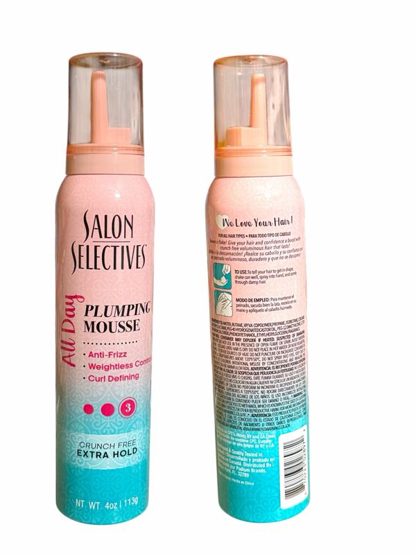 All day Plumping mousse salon selectives, anti frizz,weightless control,curl defining, crunch free extra hold mousse Nt wt 4oz-113g