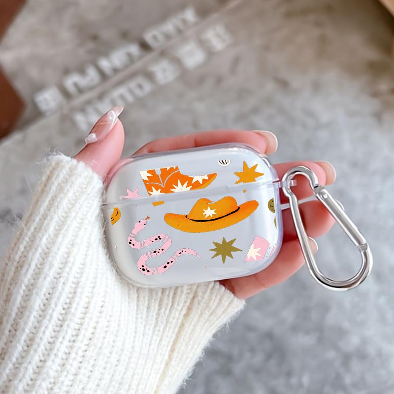 Cowboy Star Boots Pattern Protective Case for AirPods 4/3/2/1/Pro/Pro2 Soft TPU Earphone Cover, Transparent with Keychain
