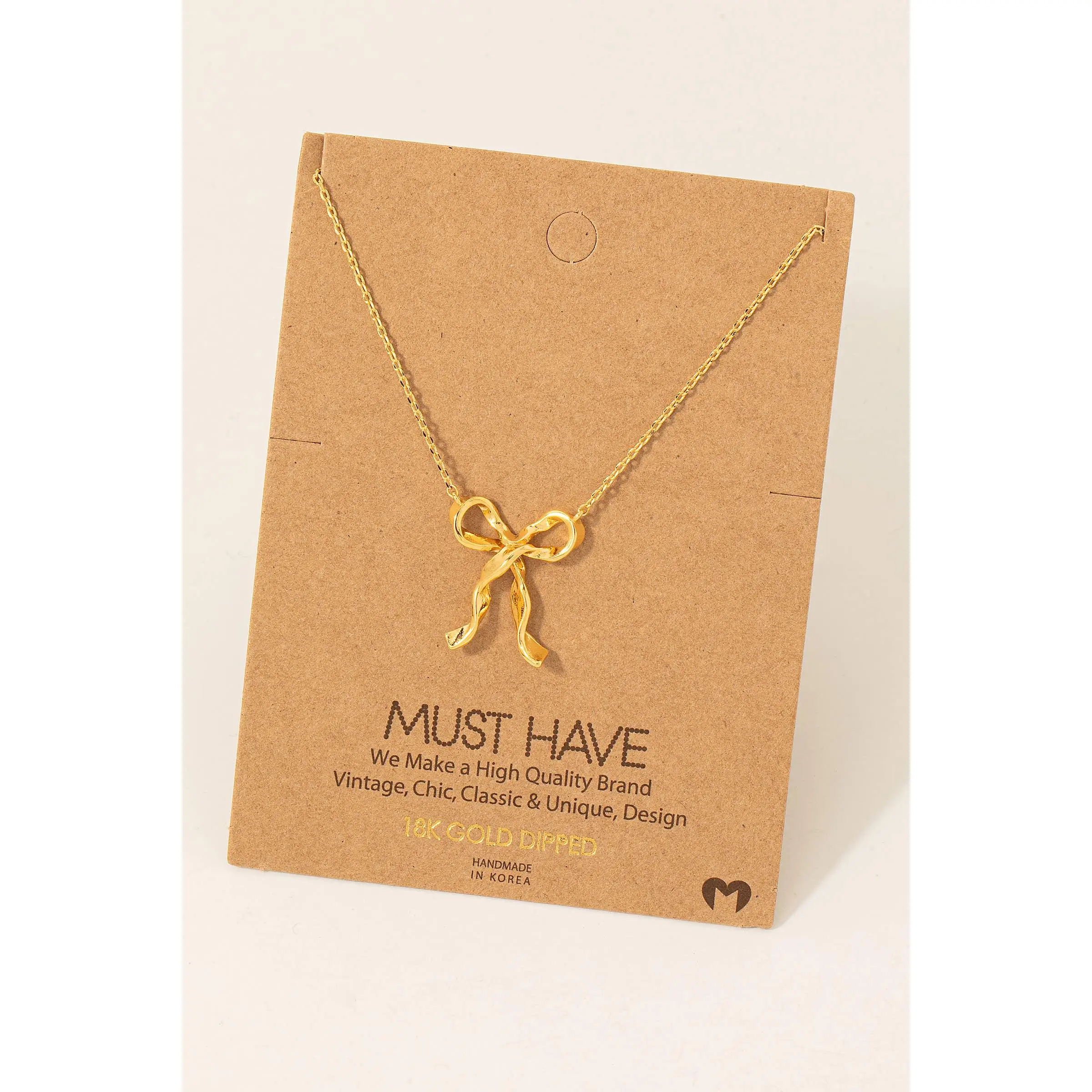 Gold Dipped Long Ribbon Bow Pendant Necklace
