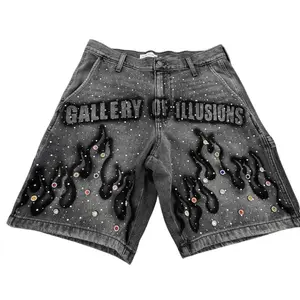 Women's Black Denim Shorts – High-Waisted, Loose-Fitting, Wide-Leg Denim Shorts Featuring Flame Prints, Rhinestone Studs And Graphic Lettering; Acid-Washed, Distressed Street Style