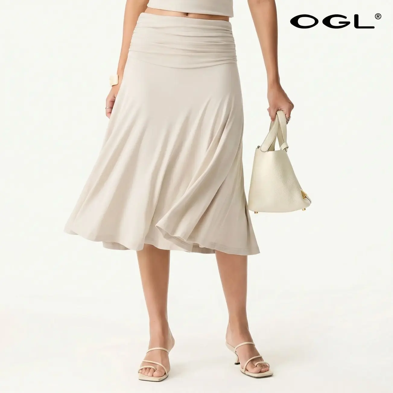 OGL Flowy Side Ruched A-line Midi Skirt - High Stretch, Pear Shaped & Hourglass Friendly Women's Skirt thunder thigh skirt