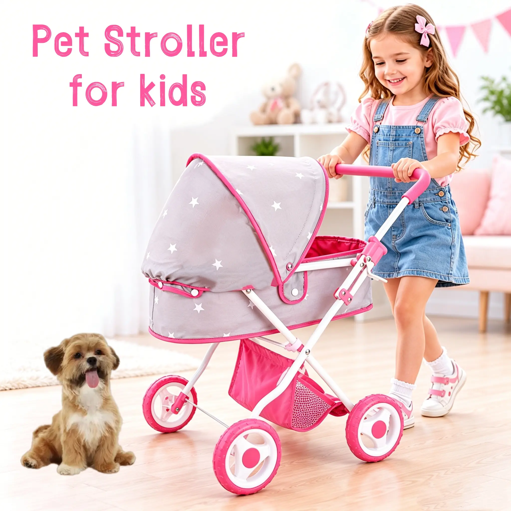 Bebamour Portable Foldable Puppy Stroller for Small Dogs & Cats - Fabric & Metal Construction, Detachable Carrier, Canopy, Storage Basket, Smooth Wheels, Pink, Pet Transportation Solution