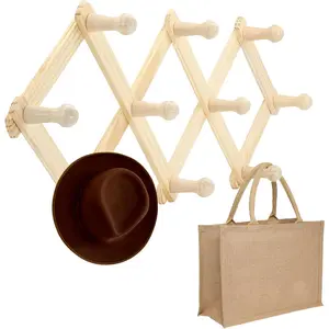 Accordion Style Wood Expandable Rack Hat, Cap, Belt, Umbrella Coffee Mug Wall Wooden Pegs