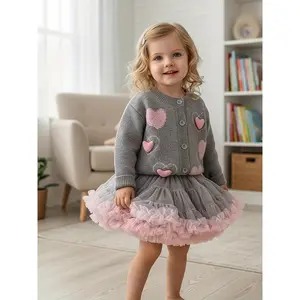 Girls' Knit Cardigan with Heart Decorations and Pink Tutu Skirt |   Cute Sweater and Dress Set 2-8 Years, Ideal'S Day and Gifts