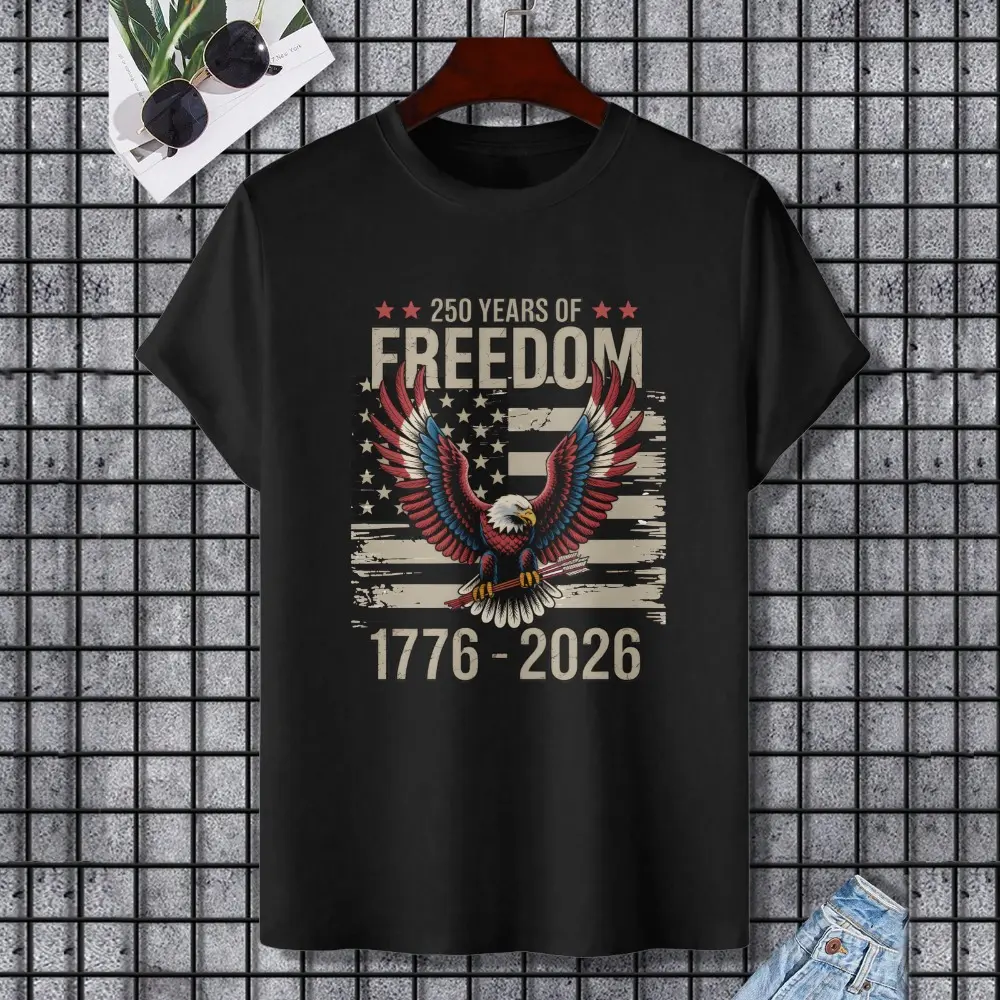 Men's 2026 250 Years of Freedom USA 1776-2026 Tshirt, Patriotic Bald Eagle American Flag Graphic Tee, Breathable Round Neck Short Sleeve Menswear, 4th of July Casual Cotton Blend Summer Top 250th Anniversary Gift, Shortsleeve, Print, Distressed