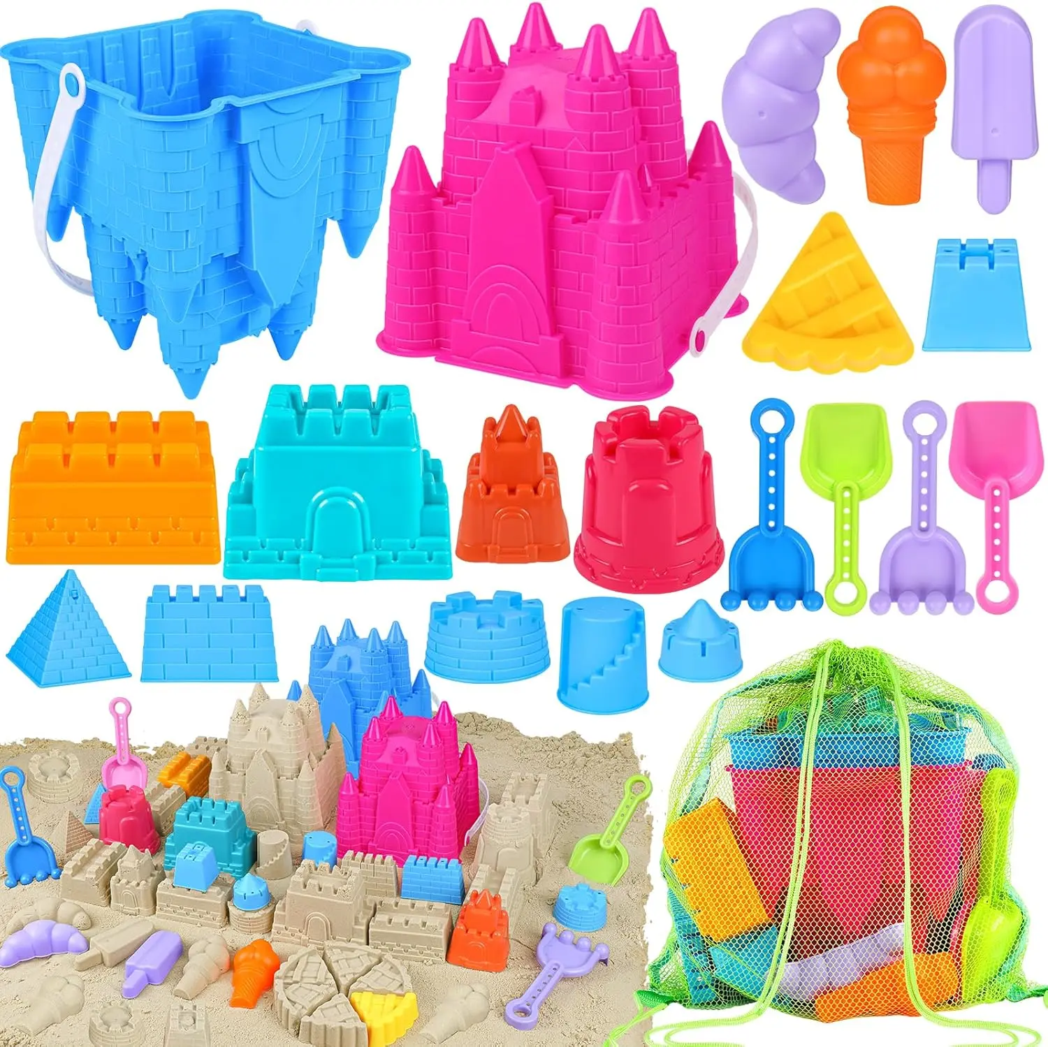 Summer Spring Gift Beach Toys Sand Toys for Kids, Sand Castle Toys for Beach with 2 Castle Bucket and Mesh Bag, Sand Molds, Shovels and Rakes, Sandbox Toys for Toddlers, Travel Beach Toys for Kids 3-10