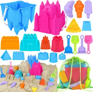 Beach Toys Sand Toys for Kids, Sand Castle Toys for Beach with 2 Castle Bucket and Mesh Bag, Sand Molds, Shovels and Rakes, Sandbox Toys for Toddlers, Travel Beach Toys for Kids 3-10