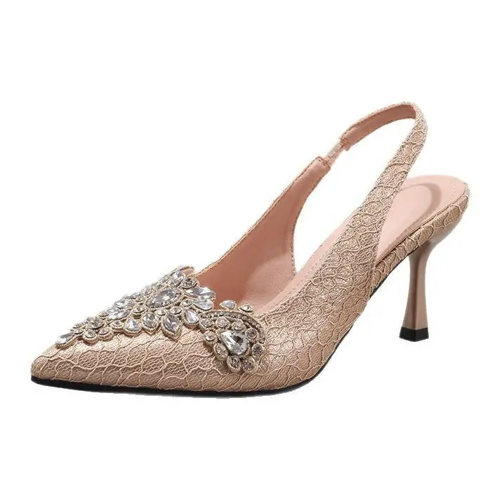 Women's Classic Lace Slingback Heels, Pointed Toe Pumps with Rhinestones, 3-inch Mid-Heel Wedding & Evening Party Footwear, Crystal, Elegant