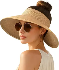Wide Brim Straw Sun Visor Hat for Women | Ponytail Open Top UV Protection Beach Hat | Foldable Summer Sun Hat