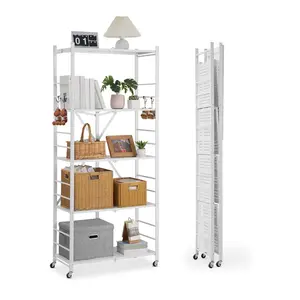 Folding Storage Shelf With Wheels 5-Tier No Assembly Organizer Shelf White, Portable Rolling Storage Rack For Garage, Laundry, Kitchen, And Home Office, Space-Saving Multi-Tier Design, Durable Metal Frame, Easy Move And Rearrange