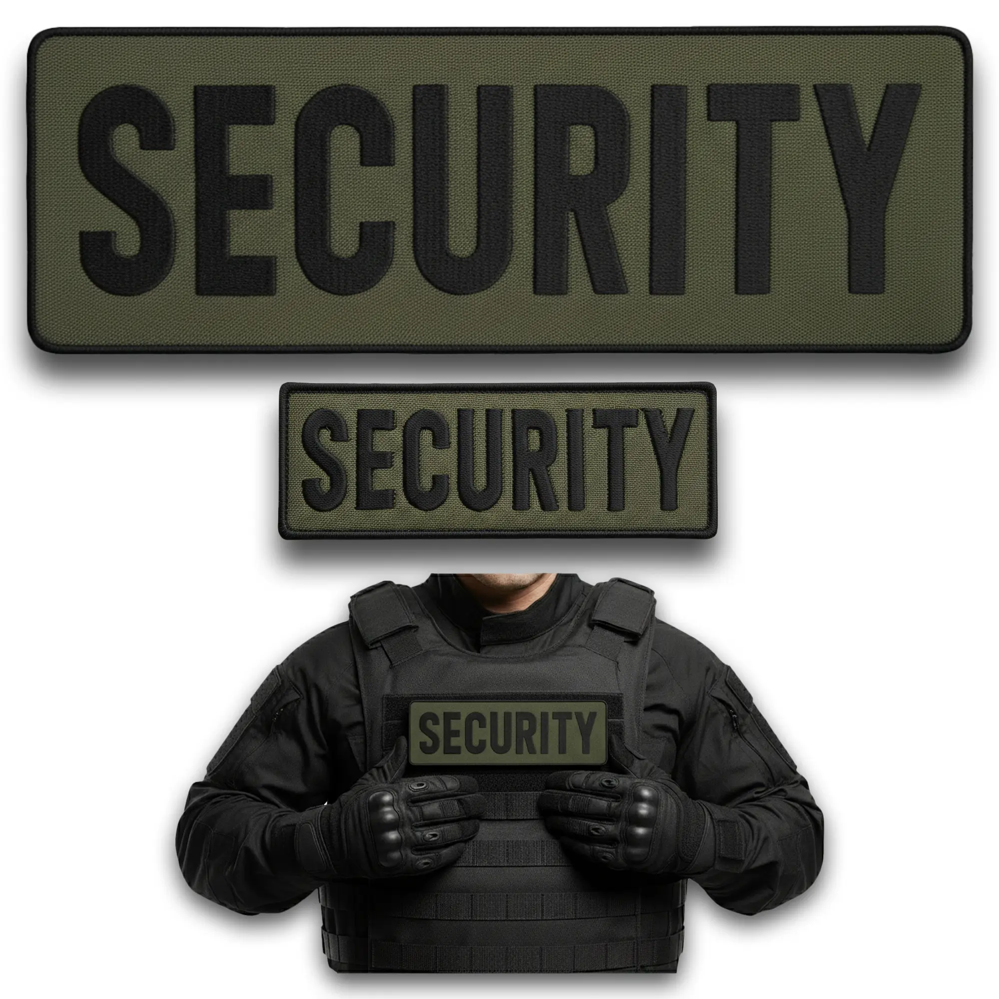 2Pcs Security Patch Set, Embroidered Security Patch for Vest, Jacket, Uniform, Hat, Hook and Loop Badge, Olive Drab, 3.54x9.84, 1.75x4.8
