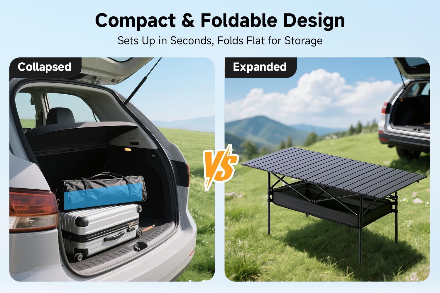 Senmeo Foldable Outdoor Camping Table Height Adjustable, with Mesh Storage Bag And Carrying Bag, Portable Aluminum Rolling Table for Indoor, Outdoor, Camping, Beach, Backyard, Barbecue, Party, Patio, Picnic-Easy to Store