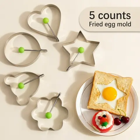 5-Count Stainless Steel Nonstick Egg Rings Set, Multishape Egg Molds for Families, Hand Washable & Dishwasher Safe Kitchen Utensils for Breakfast Prep in the Same Pan