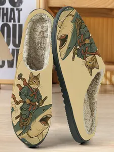 Cat Samurai Riding Shark Cotton Slippers, Warm Fuzzy Lining, Textile Upper, Casual Fall & Winter Home Shoes, Fun Gift Idea