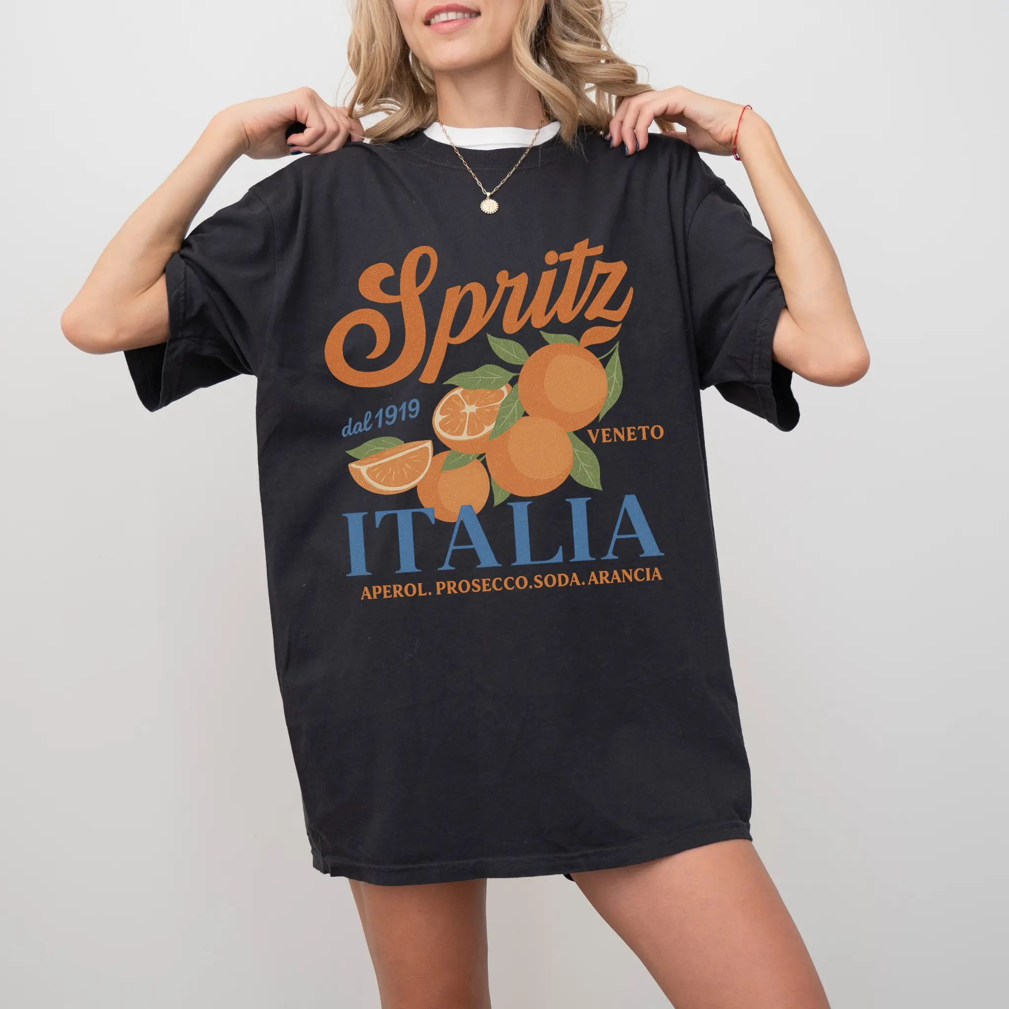 Women's Cotton Vintage Orange Graphic Print Italian Theme Oversized Tee - Retro Aperol Spritz Cocktail Short Sleeve Top for Summer Vacation