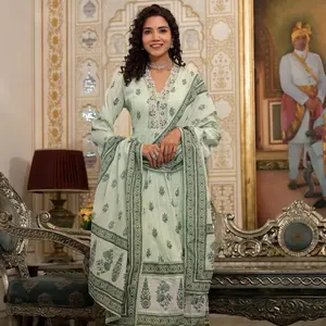 Premium Quality Pure Cotton Anarkali 3 Piece Set with Hand Embroidery for Women - Top, Womenswear