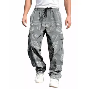 Men'S Casual Cargo Pants with Geometric Pattern - Loose Fit Athletic Joggers, Multiple Pockets & Zipper Closure for Running Training Gym Workouts, Durable Non-Stretch Fabric, Jogging Pants, Workout Trousers, Sporty Look, Secure Zipper