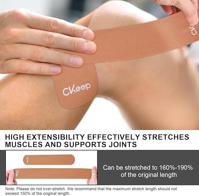 Ckeep Precut Kinesiology Tape, 2 Rolls - Original Cotton, Latex-Free with Rounded Edges for Knee Pain, Injuries & Sprains