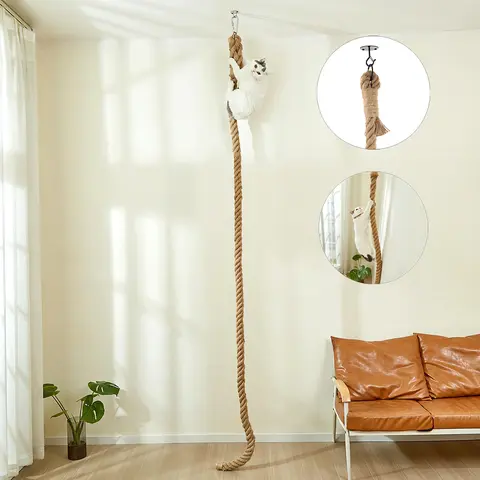 Catails 3m High-Strength Jute & Natural Sisal Vertical Cat Scratcher Climbing Rope - Wall/Ceiling-Mounted 3-Level Contemporary Pet Furniture, Paws Care, Chemical-Free, Enhance Playtime & Exercise, Sofa Protection, Indoor/Outdoor Use