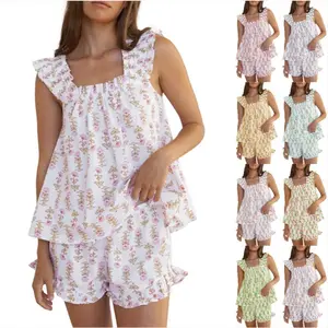 Women's printed sleepwear set with ruffled decorative vest and casual shorts 2-piece casual set PJ(Sheets)