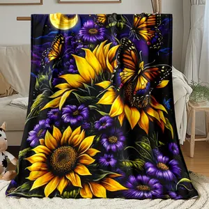 Dreamy Night Sunflower & Monarch Butterfly Flannel Blanket, Ultra-Soft Plush Throw with Crescent Moon & Purple Floral Print, Cozy Warm Fleece Blanket for Couch Bed Sofa, Perfect Nature Lover Home Decor & Gift, All-Season Comfort