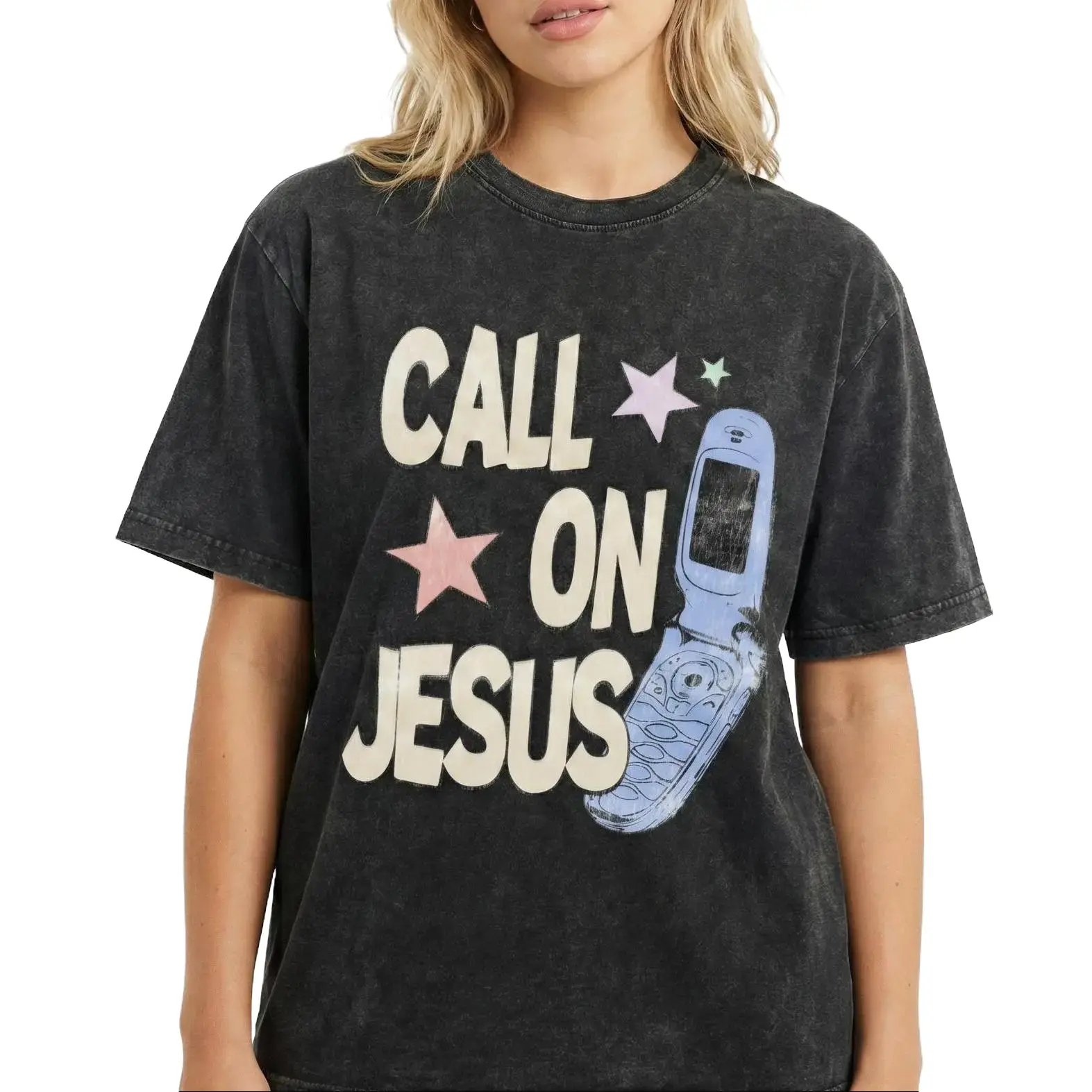 Women's Call On Jesus T-Shirt - Y2K Aesthetic Christian Graphic, Vintage Streetwear, Oversized, 90s Retro Religious Faith Top, Fashion, Soft, Short-Sleeve, Breathable, Unisex, Flip Phone-Inspired, TikTok Trendy Gift tiktokshopspringglowup,summervibes outd