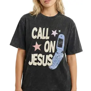 Women's Call On Jesus T-Shirt - Y2K Aesthetic Christian Graphic, Vintage Streetwear, Oversized, 90s Retro Religious Faith Top, Fashion, Soft, Short-Sleeve, Breathable, Unisex, Flip Phone-Inspired, TikTok Trendy Gift tiktokshopspringglowup,summervibes outd