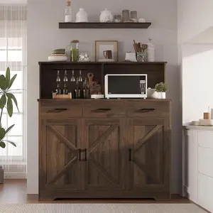 Farmhouse Buffet Sideboard - Barn Door Storage Cabinet with Microwave Stand, Multiple Drawers for Kitchen, Dining Room, Brown