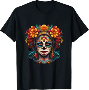 Mexican Sugar Skull Girl Halloween Dia De Los Muertos T-Shirt - 68B0CHK476K2