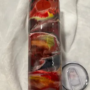 30 oz Food Grade Epoxy Cup Made from Stainless Steel with Lid & Straw Red Yellow Marble Design