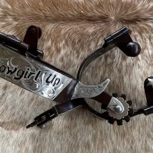 Pair Ladies Western Engraved Spurs COWGIRL UP German Silver