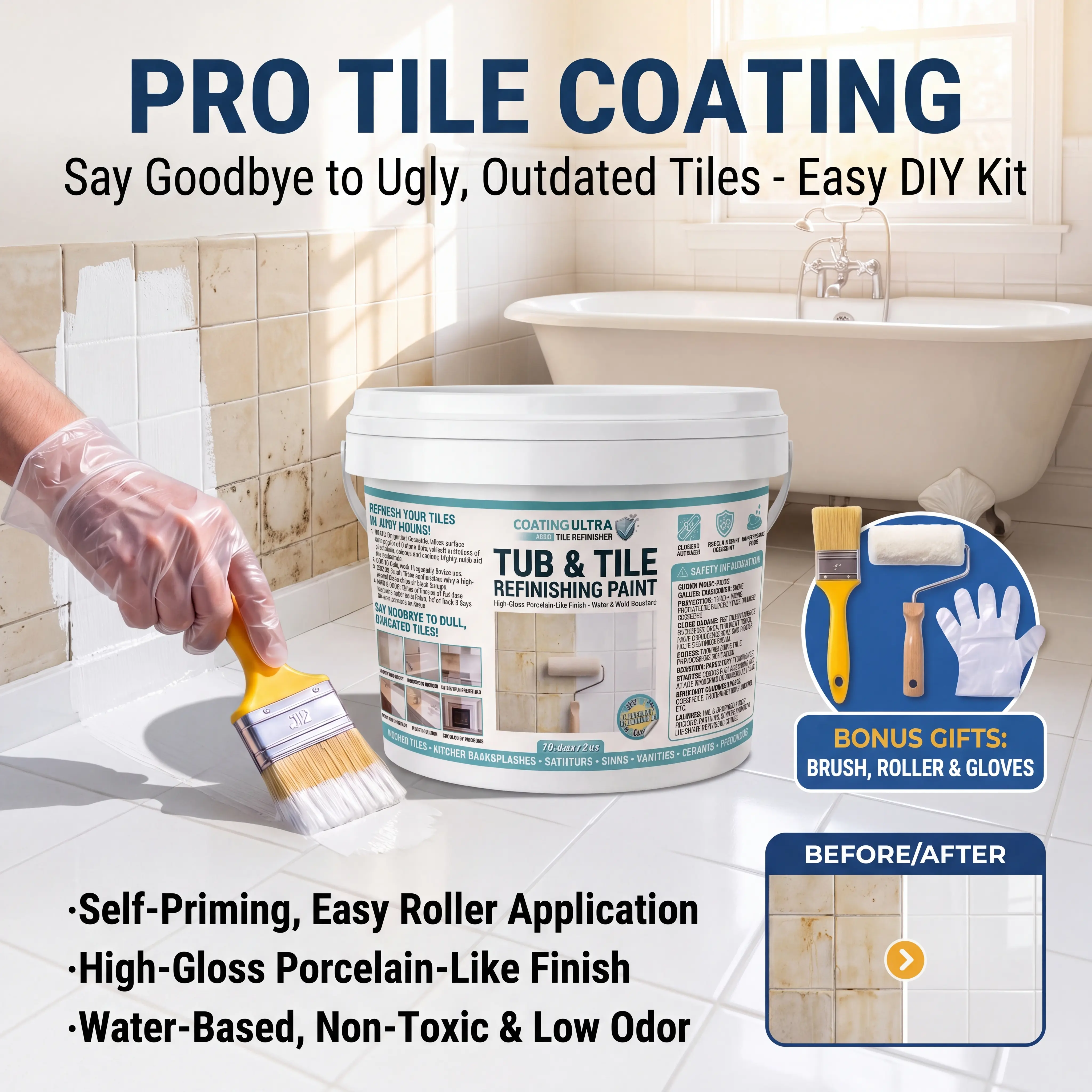 Tub & Tile Refinishing Paint Kit - Fast-Drying, Low-Odor Water-Based Paint for Ceramic Tiles, Porcelain Surfaces, Bathrooms, Showers & Sinks