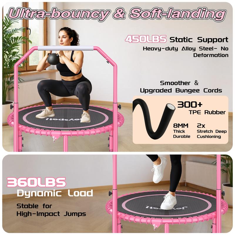 JOY SPOT! 450 LBS Foldable Trampoline 40" Fitness Trampoline with Bungees Adjustable Foam Handle/T Handle No Rope Training Jump Rope Home Gym Workout Stable Quiet Exercise Rebounder for Adults, Valentine's gift