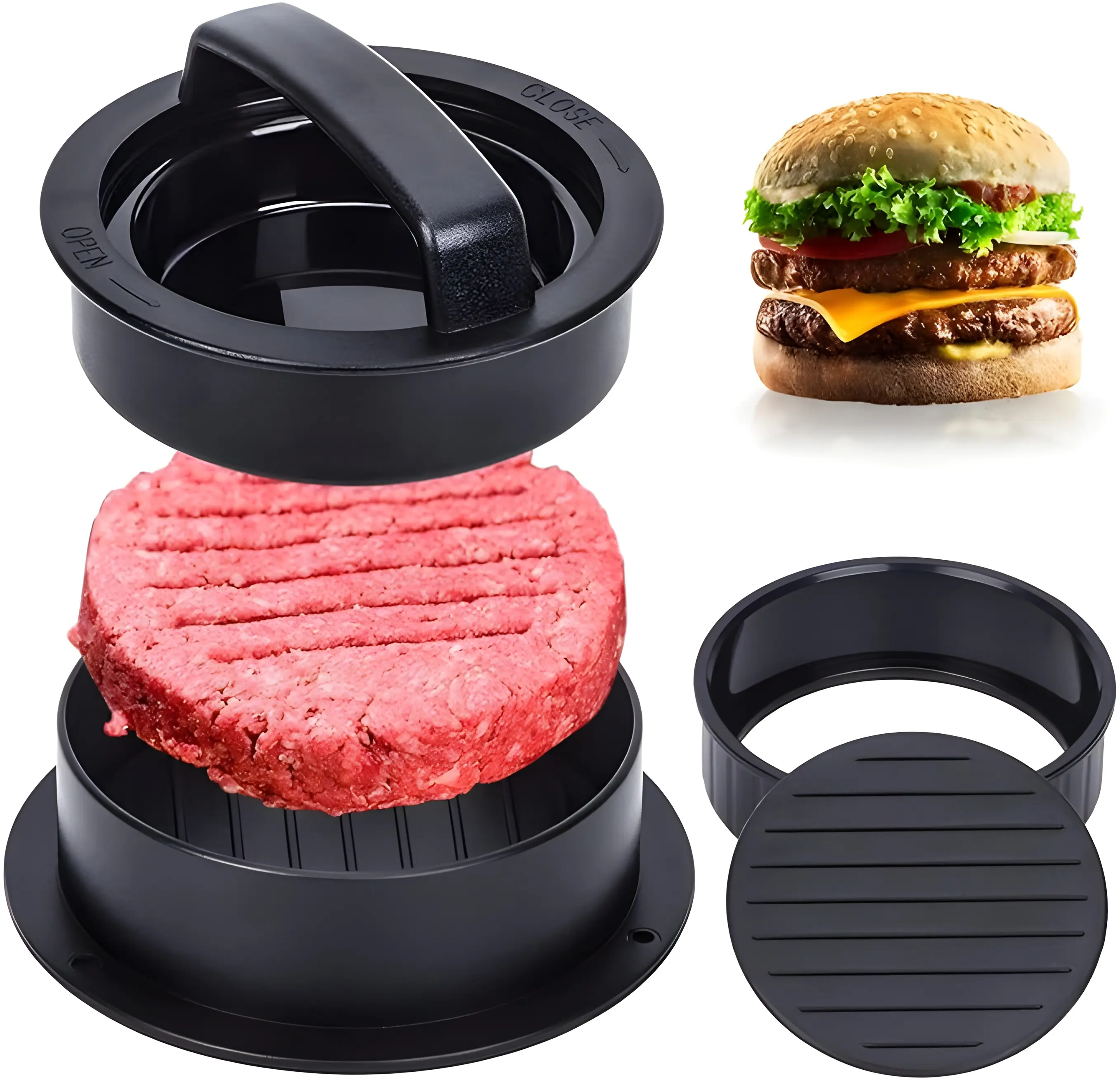 3 in 1 Hamburger Press, Hamburger Press Patty Maker, Stuffed Burger Press Patty Maker, Beef Burger, Non Stick Barbecue Tool Grilling Utensils Meat 3-in-1 hamburger press  - Burger press with stuffed patty option  - Slider and mini patty maker 1
