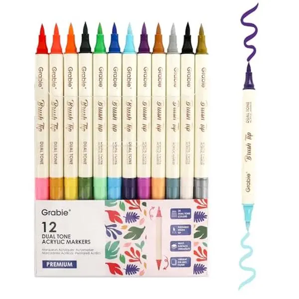 Grabie 24 Colors Acrylic Paint Markers, 12 Pack Dual Tip Soft Brush Acrylic Markers, Water-Based Paint Pens for Paper, Rock Painting, Wood, Glass, Canvas, DIY Craft Art Supplies for Adult & Kids