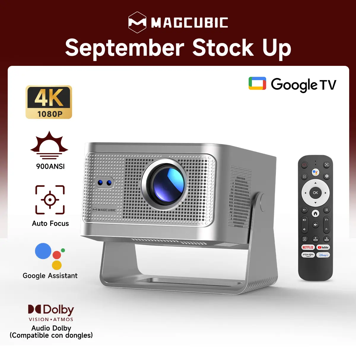 [Google TV stick Bundled] Magcubic HY350GT Projector with Officially Certificated Google TV 900ANSI Dolby Audio(Dongle support) Auto Focus Google Voice Assistant 4K Decode Built-in 15W speaker HDR10+ BT5.1 Dual WiFi Native 1080P #tiktokshopstockup