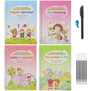 Children's handwriting practice books (4-pack), magical grooved handwriting practice pens, reusable number and letter tracing practice books, are exquisite gifts for early education and pre-school learning activities, Preschool Learning Materials
