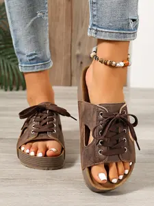 2026 Women's New Tie-Strap Hollow Out Thick Sole Sandals, Slope Heel Heightening Mules, Daily Versatile Breathable Outdoor Slippers