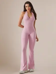 Women's V Neck Lace Jumpsuit Yoga, Backless Tight Fit Quick-Dry Sportswear, Micro Flare Long Pants for Gym Home Comfort, Workout Jumpsuits