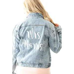 Embroidered Denim Jacket for Brides Mrs Jean Jacket Long Sleeve Fitted Short Coats Wedding Gift Casual Outerwear