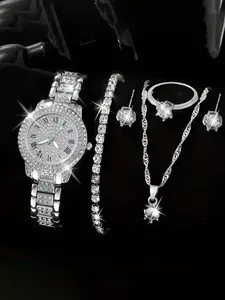 Luxurious Four-Piece Set! Watch + Bracelet + Necklace + Ring, Light Luxury Full Diamond Jewelry Set, Elegant Noble Style Versatile Set, Matching Jewelry Set