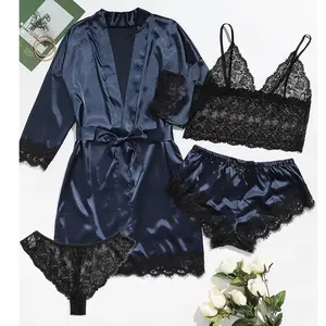 Women's 4-Piece Satin Pajamas Set, Floral Lace Lingerie Sleepwear with Long Robe Nightgown Vneck Style Womenswear Loungewear Elegance Homewear
